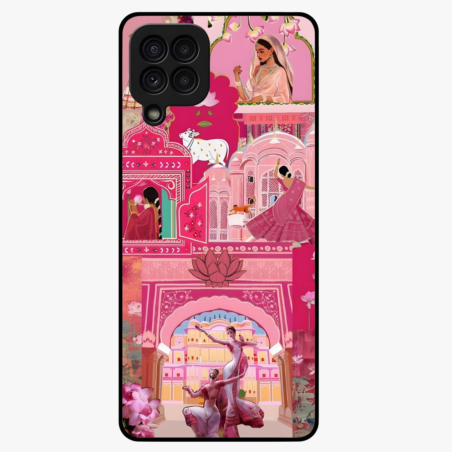 Pink Palace Muse Glass Case showing flat back view with elegant palace inspired artwork and glossy glass finish.