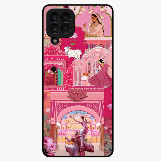 Pink Palace Muse Glass Case showing flat back view with elegant palace inspired artwork and glossy glass finish.