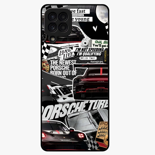 Porsche Racing Collage Glass Case showing flat back view with sports car racing collage artwork and glossy glass finish.
