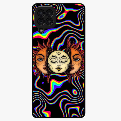 Psychedelic Sun Glass Case showing flat back view with colorful psychedelic sun artwork and glossy glass finish.