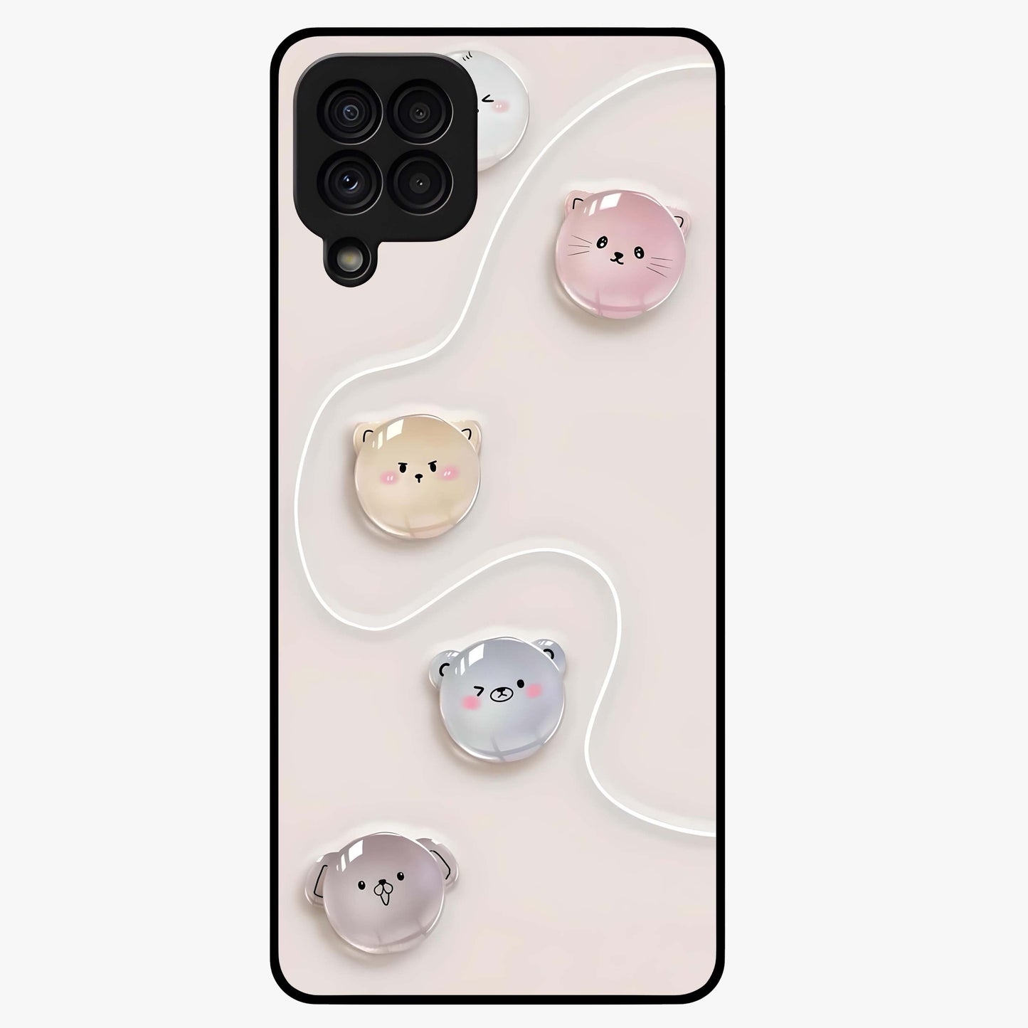 Puffy Face Parade Glass Case showing flat back view with cute puffy character faces artwork and glossy glass finish.