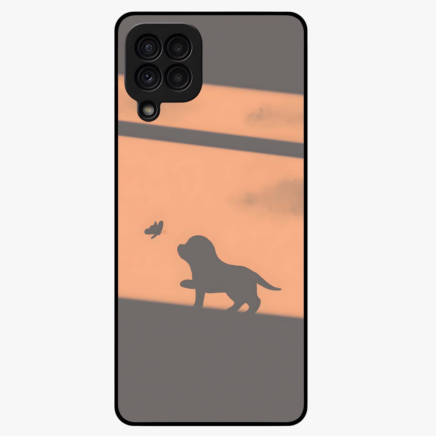 Puppy Shadow Art Glass Case showing flat back view with cute puppy shadow style artwork and glossy glass finish.