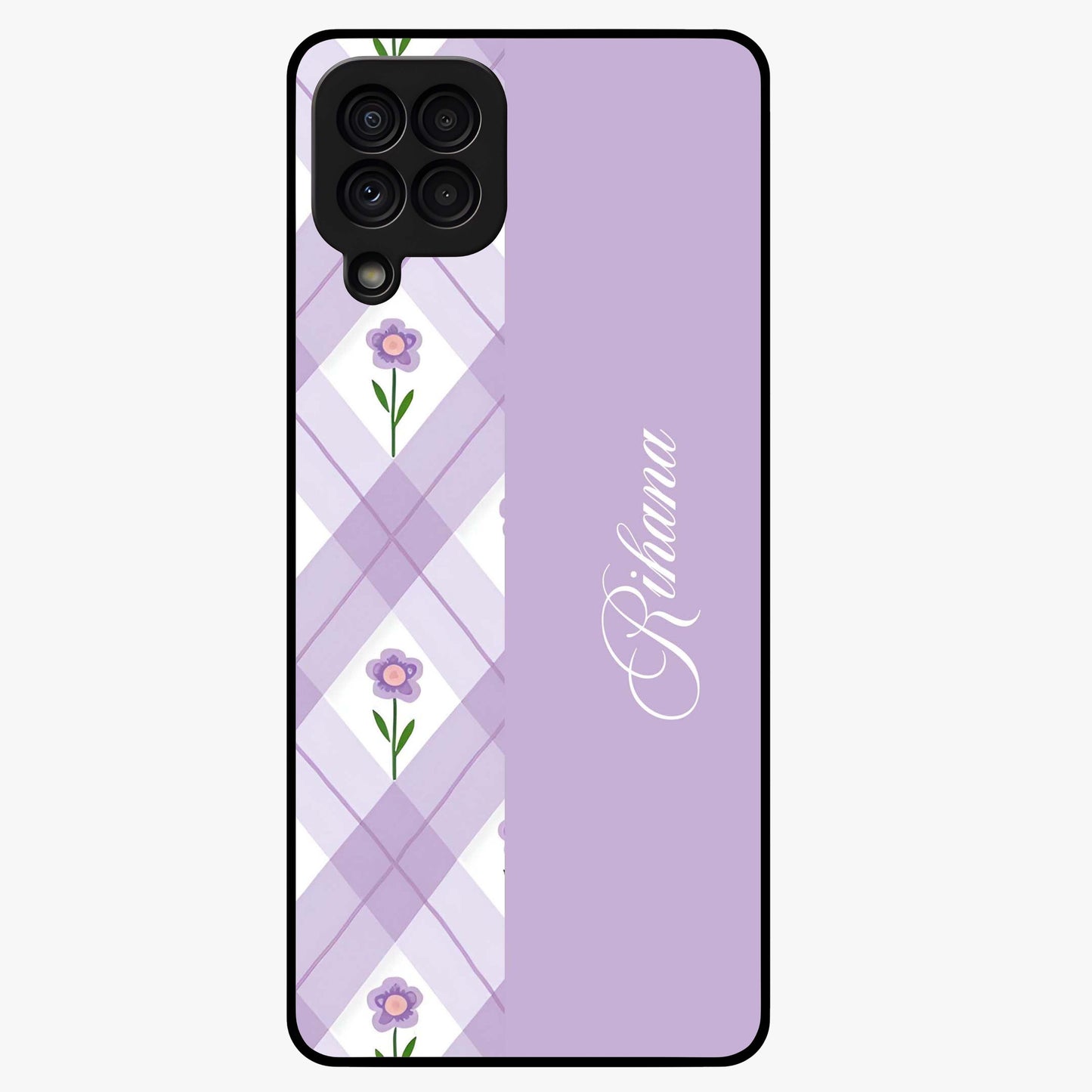 Purple Diamond Floral Glass Case showing flat back view with diamond shaped floral artwork and glossy glass finish.