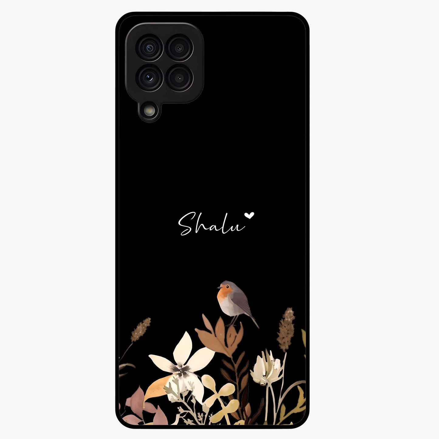 Quiet Garden Tune Custom Name Glass Case showing flat back view with peaceful garden artwork and personalized name design.