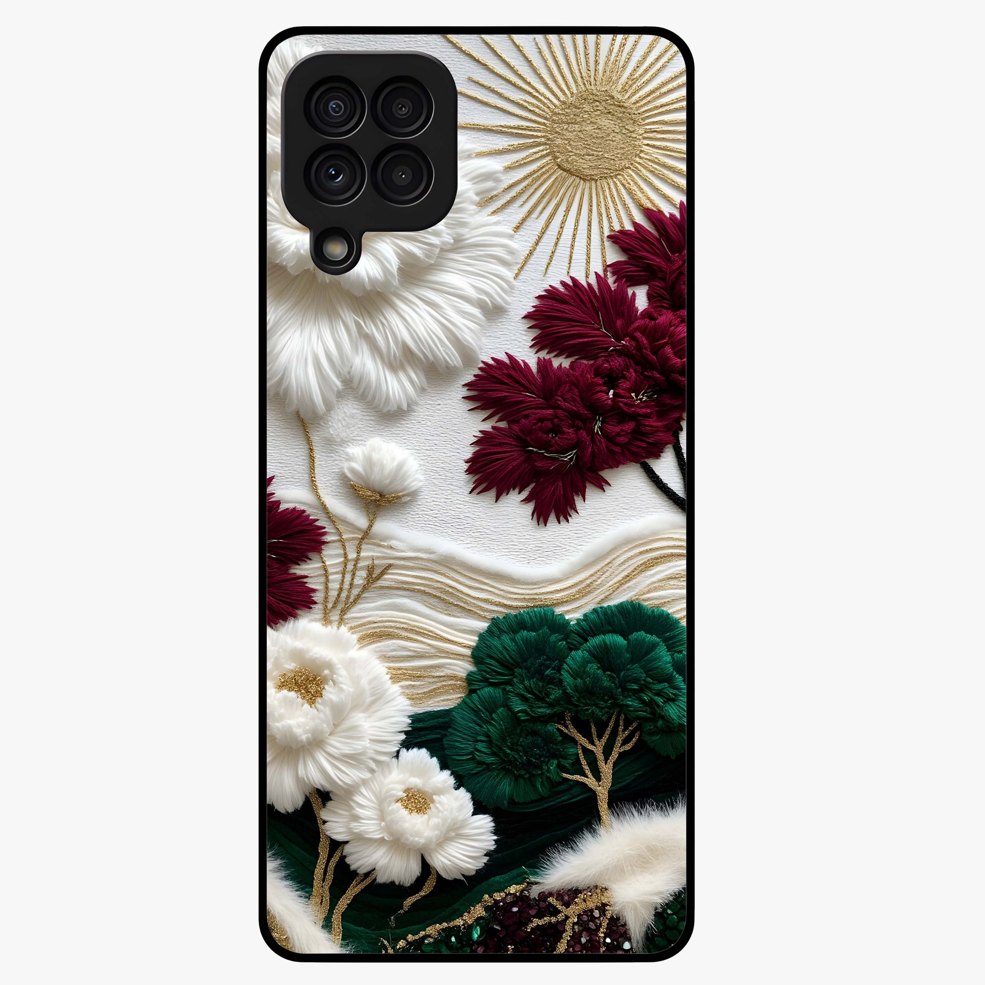 Radiant Bloom Elegance Glass Case showing flat back view with elegant blooming flower artwork and glossy glass finish.