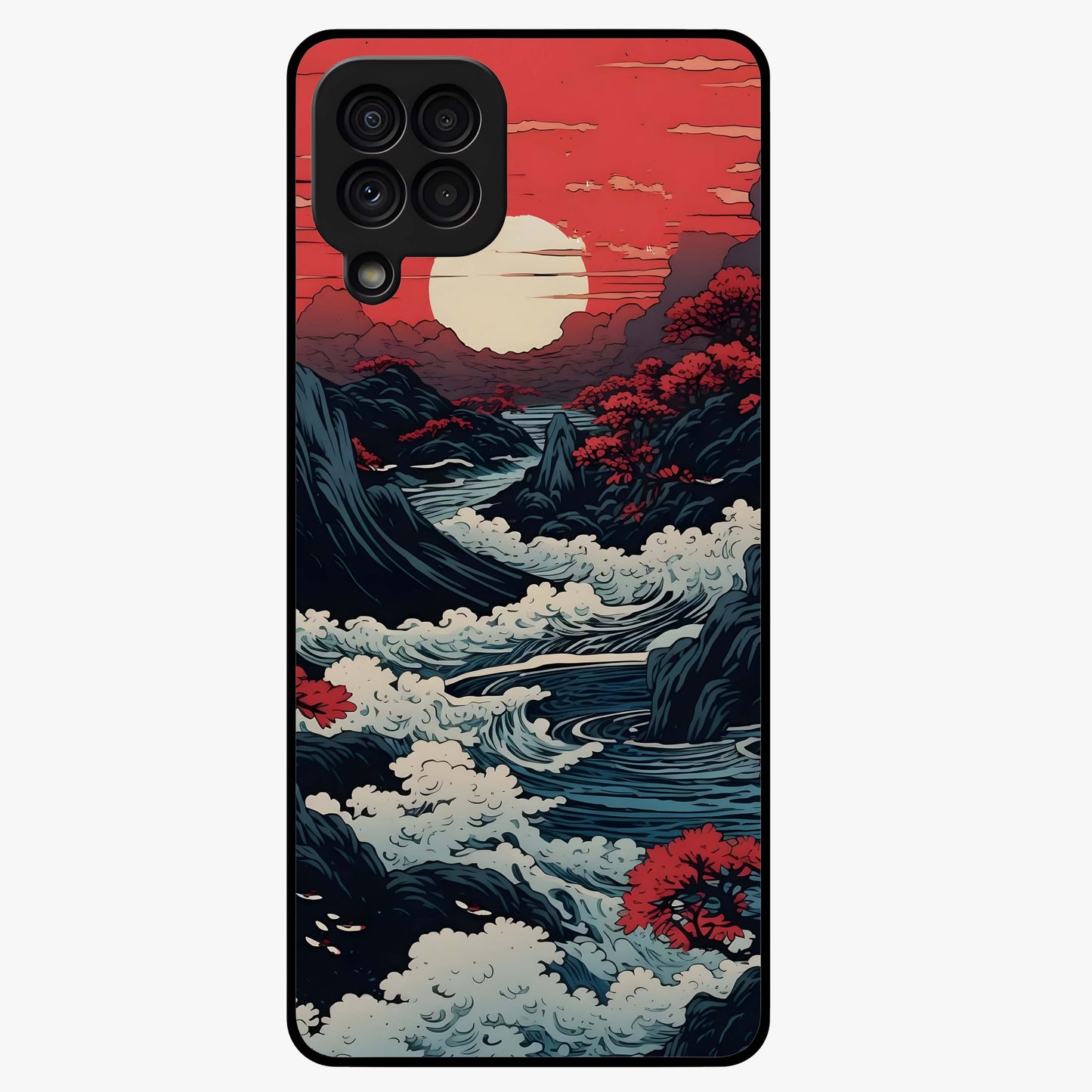 Red Sunset Scenery Glass Case showing flat back view with vibrant sunset landscape artwork and glossy glass finish.