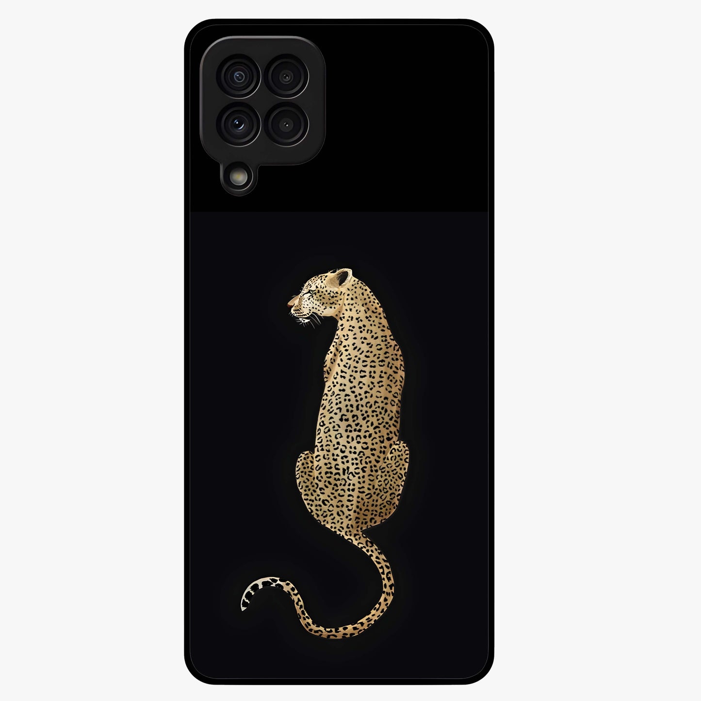 Regal Leopard Glass Case showing flat back view with bold leopard artwork and glossy glass finish.