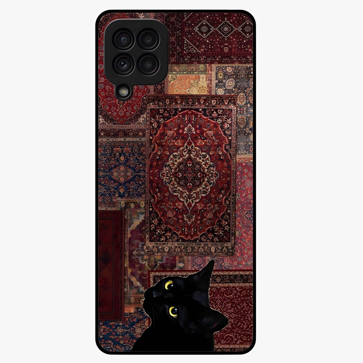 Regal Magic Cat Apple Glass Case showing flat back view with magical cat artwork holding apple and glossy glass finish.