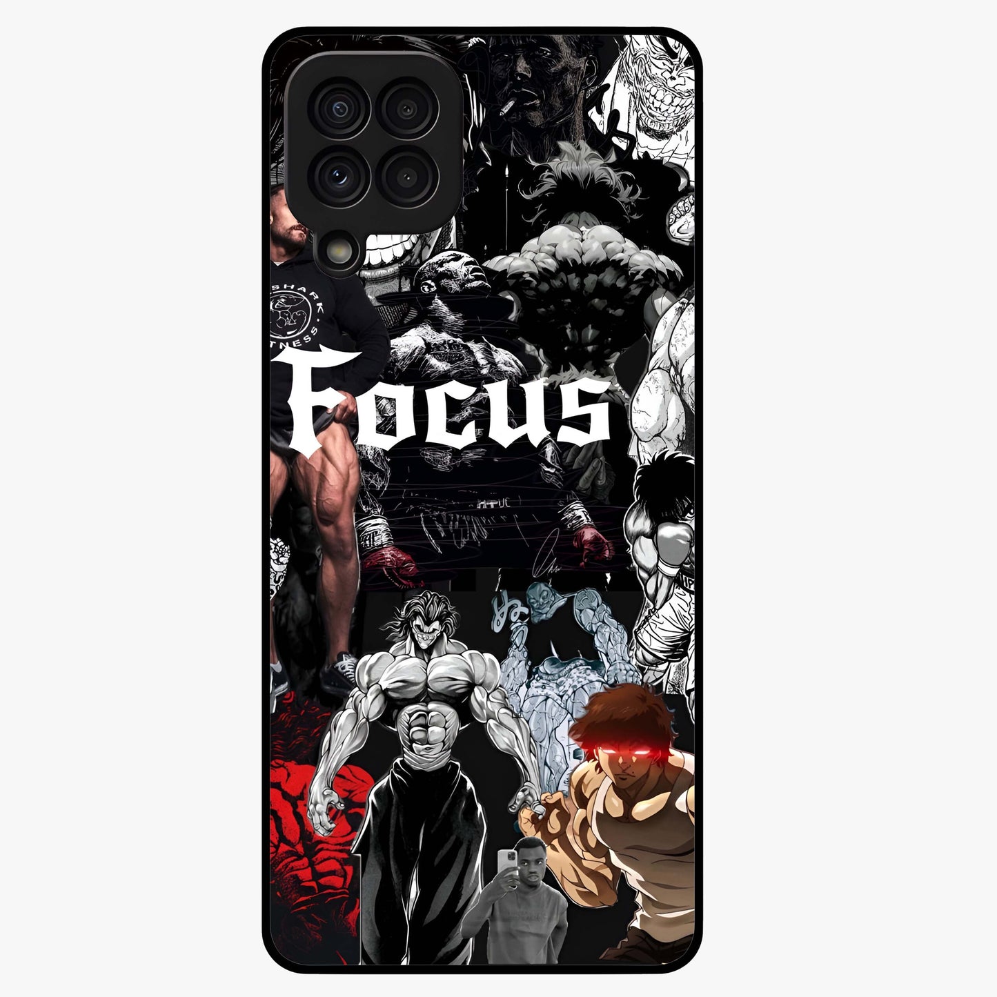 Relentless Power Focus Glass Case showing flat back view with motivational typography artwork and glossy glass finish.