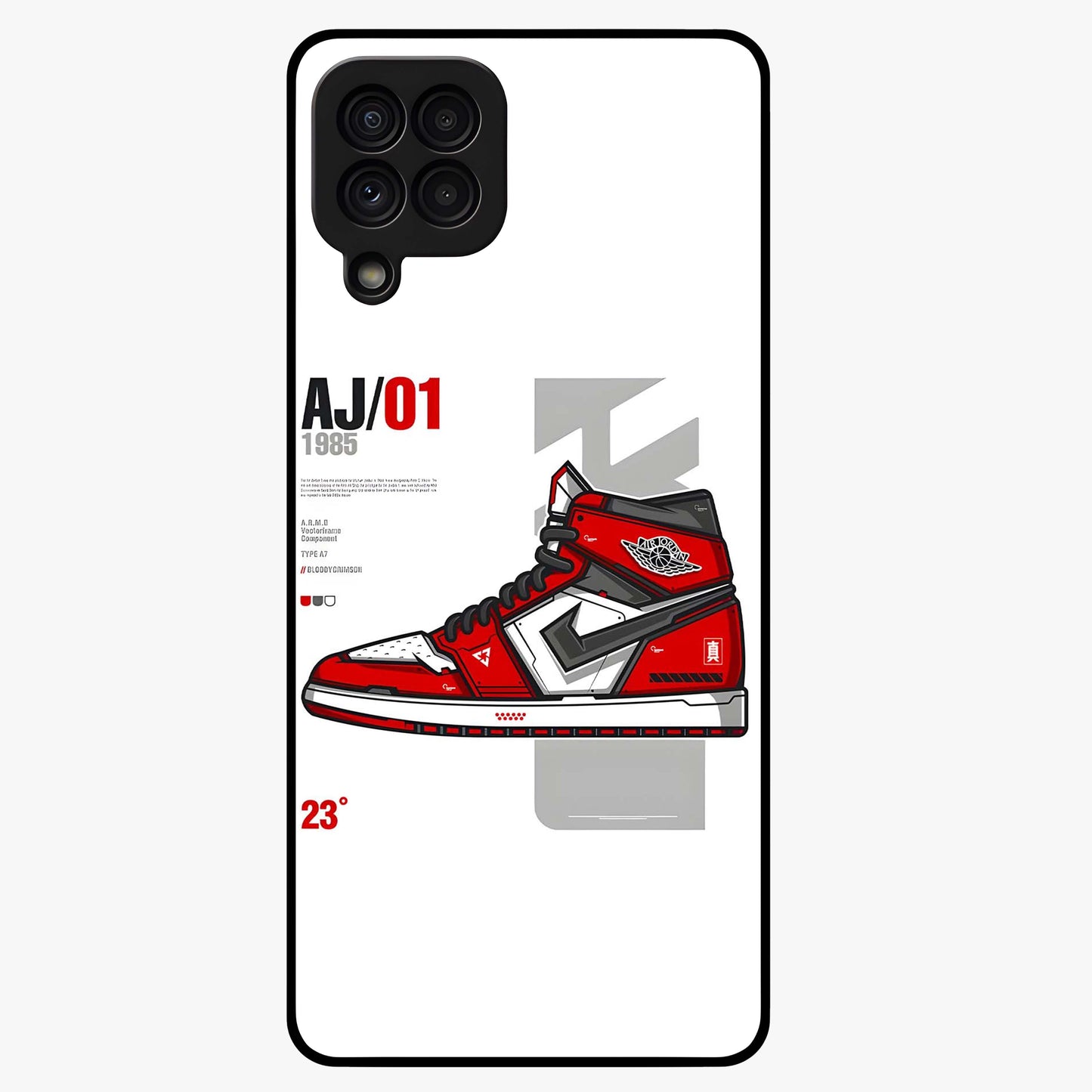 Retro Sneaker Blueprint Glass Case showing flat back view with sneaker blueprint style artwork and glossy glass finish.