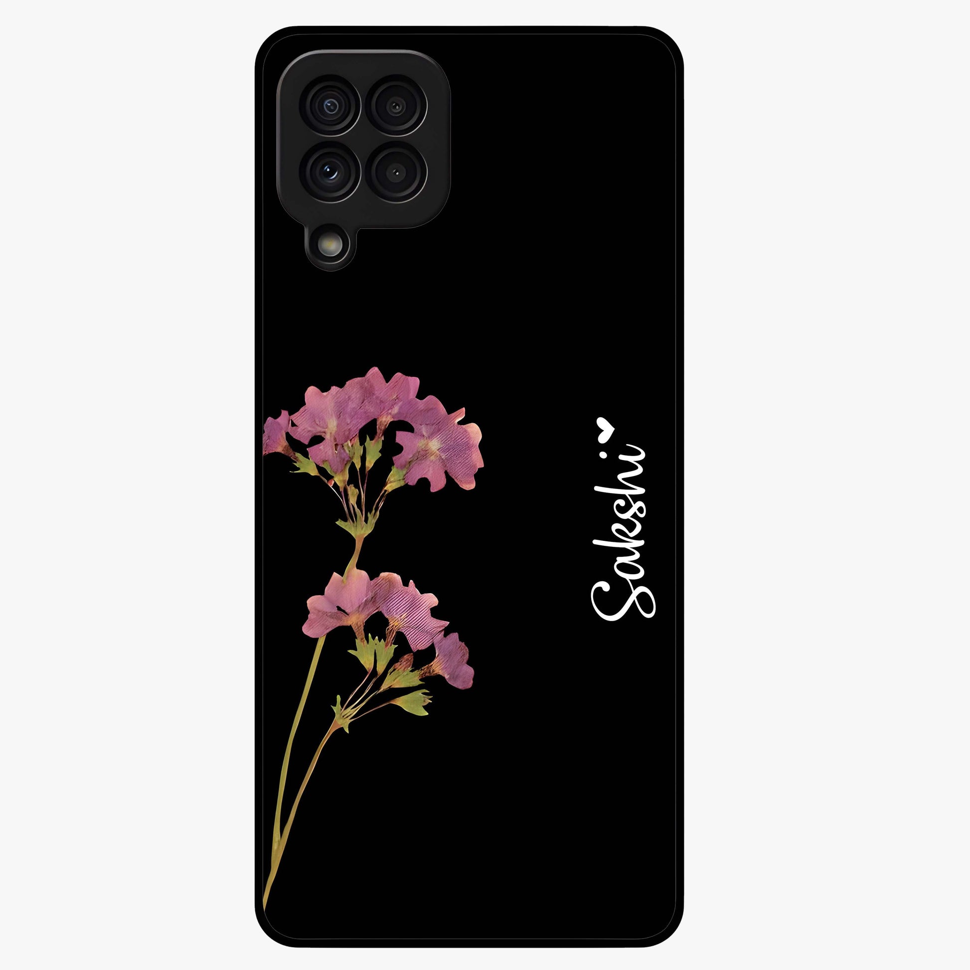 Riching Lavender Flower Custom Name Glass Case showing flat back view with lavender floral artwork and personalized name design.
