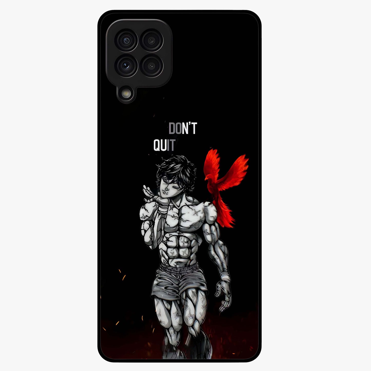 Rise Beyond Limits Glass Case showing flat back view with motivational typography artwork and glossy glass finish.