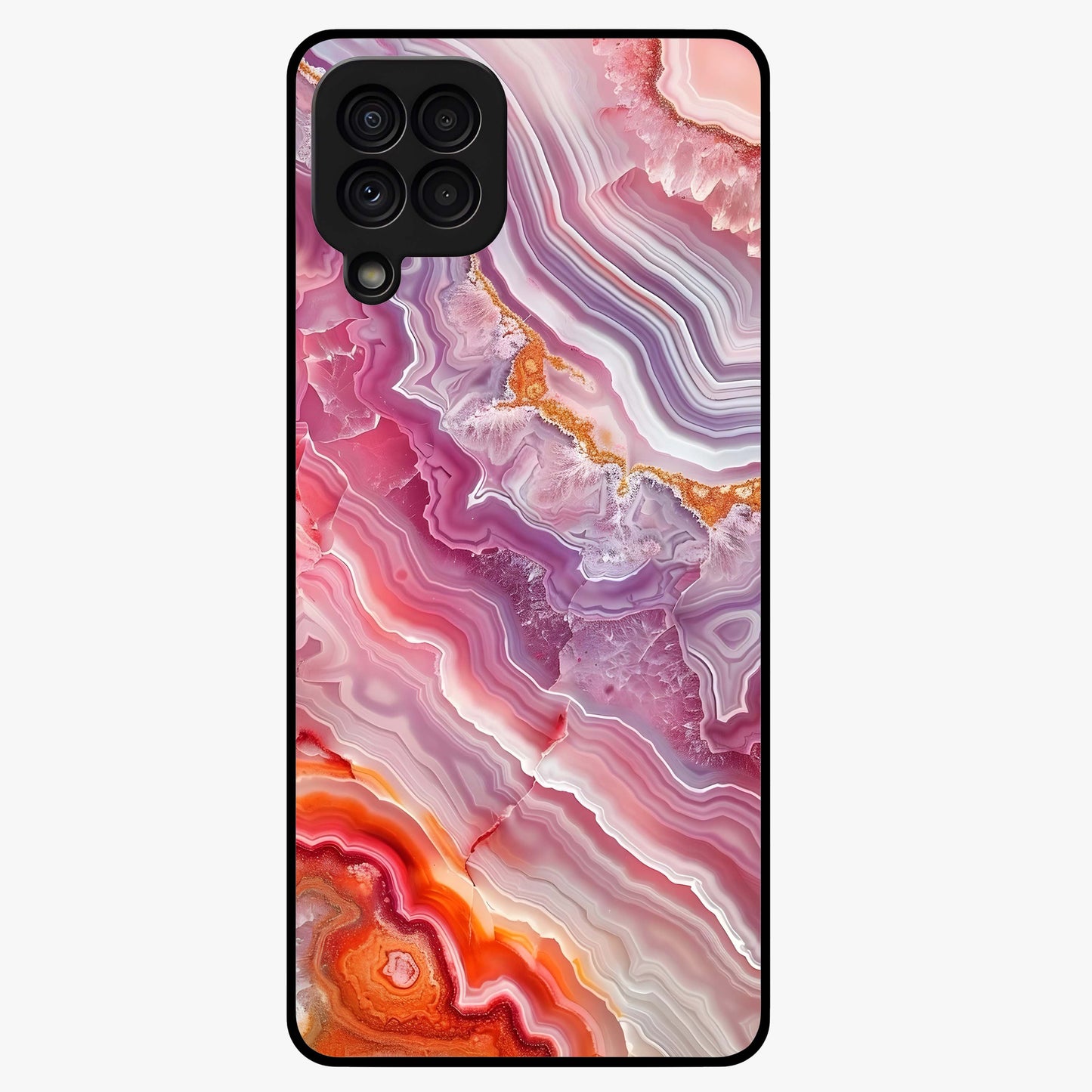 Rose Quartz Marble Glass Case showing flat back view with pink marble quartz texture artwork and glossy glass finish.