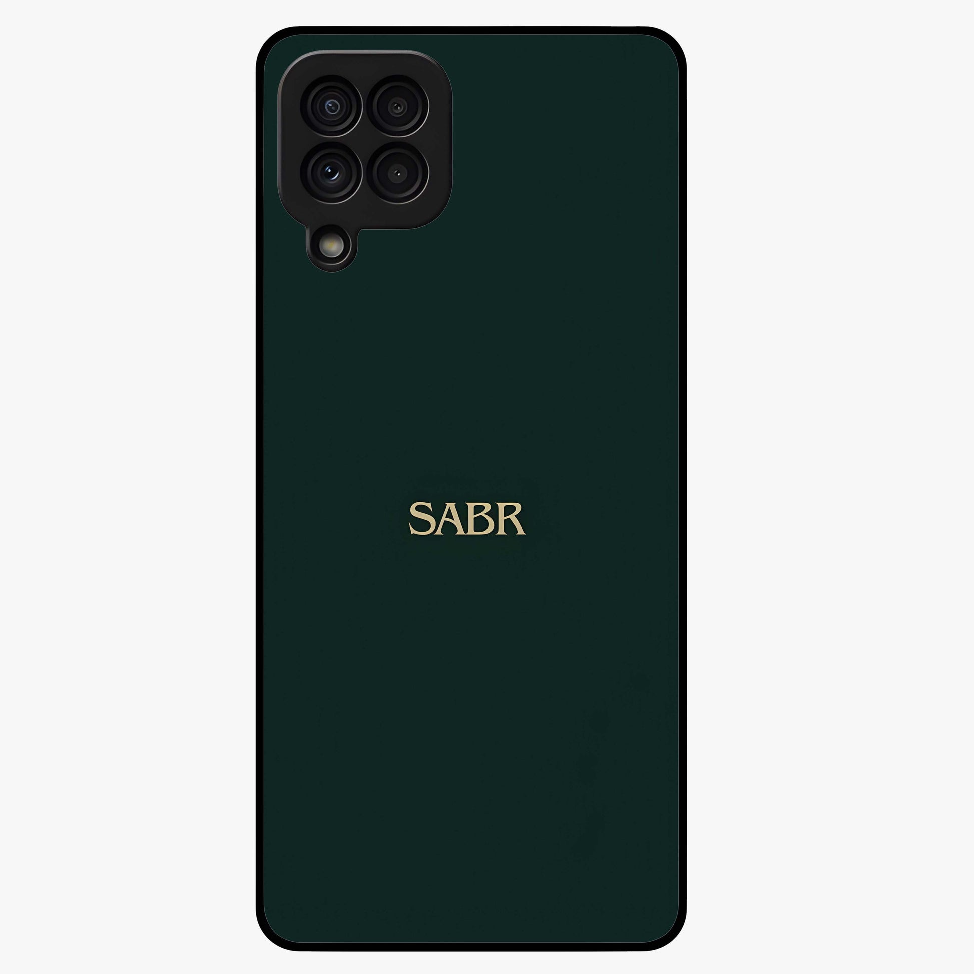 Sabr Minimal Patience Glass Case showing flat back view with minimalist typography artwork and glossy glass finish.