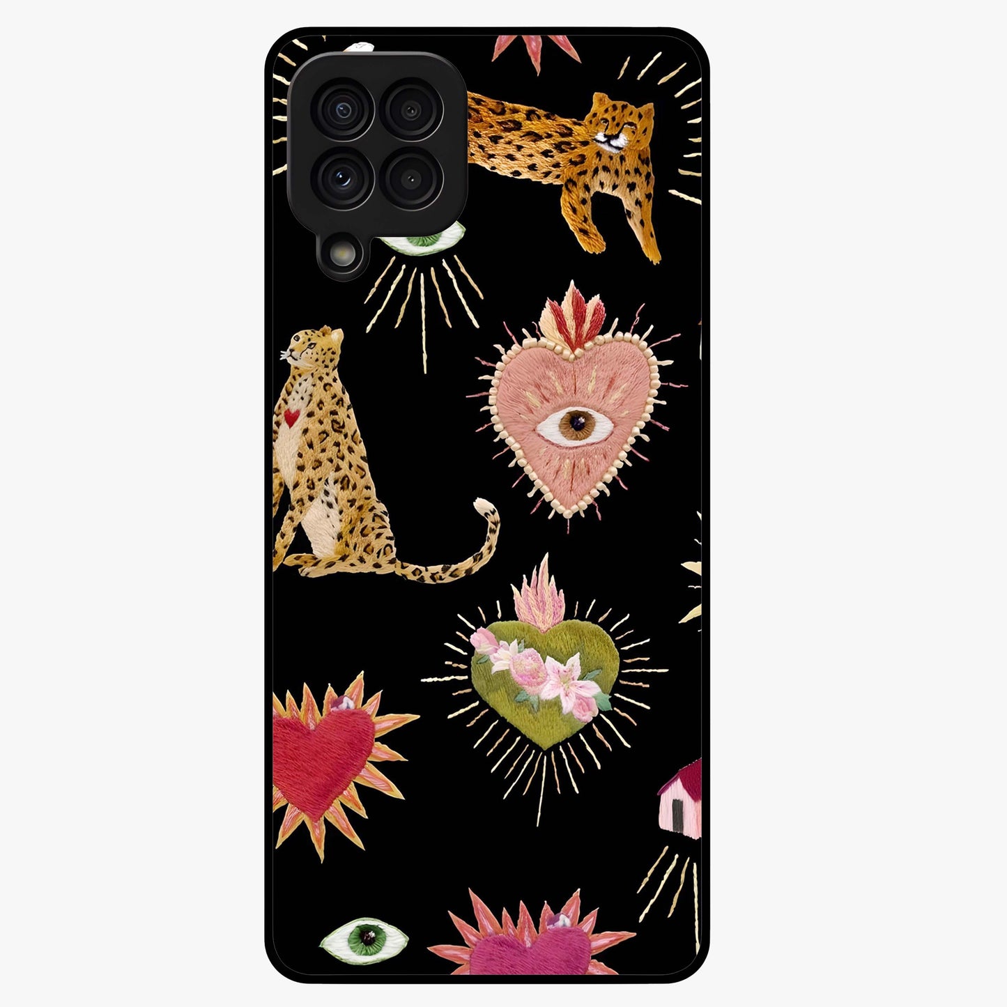 Sacred Jungle Heart Glass Case showing flat back view with jungle inspired heart artwork and glossy glass finish.