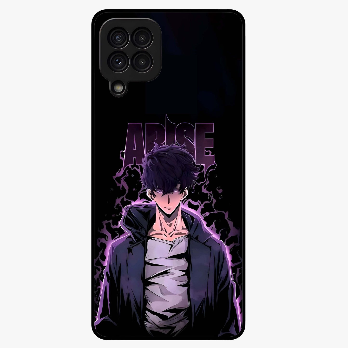 Shadow Monarch Awakening Glass Case showing flat back view with powerful dark monarch themed artwork and glossy glass finish.