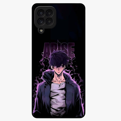 Shadow Monarch Awakening Glass Case showing flat back view with powerful dark monarch themed artwork and glossy glass finish.