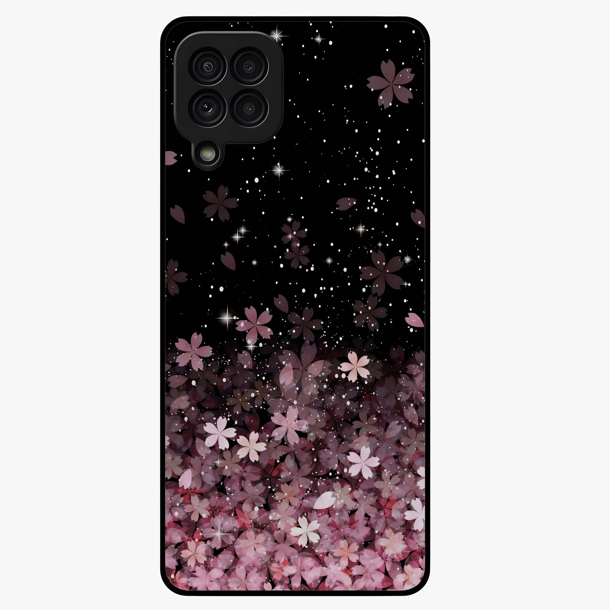 Small Starry Flowers Glass Case showing flat back view with delicate starry floral artwork and glossy glass finish.