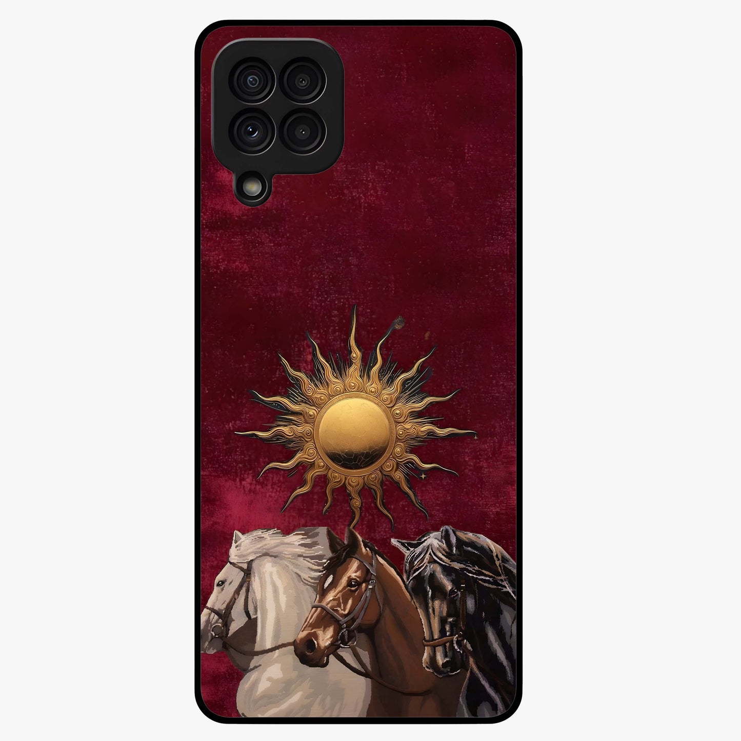 Solar Riders Glass Case showing flat back view with dynamic rider themed artwork and glossy glass finish.