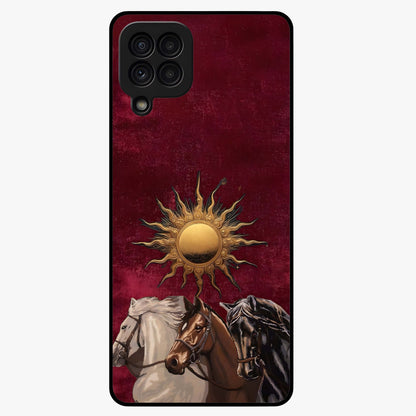 Solar Riders Glass Case showing flat back view with dynamic rider themed artwork and glossy glass finish.