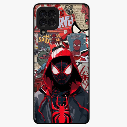 Spider Collage Street Glass Case showing flat back view with vibrant superhero collage artwork and glossy glass finish.