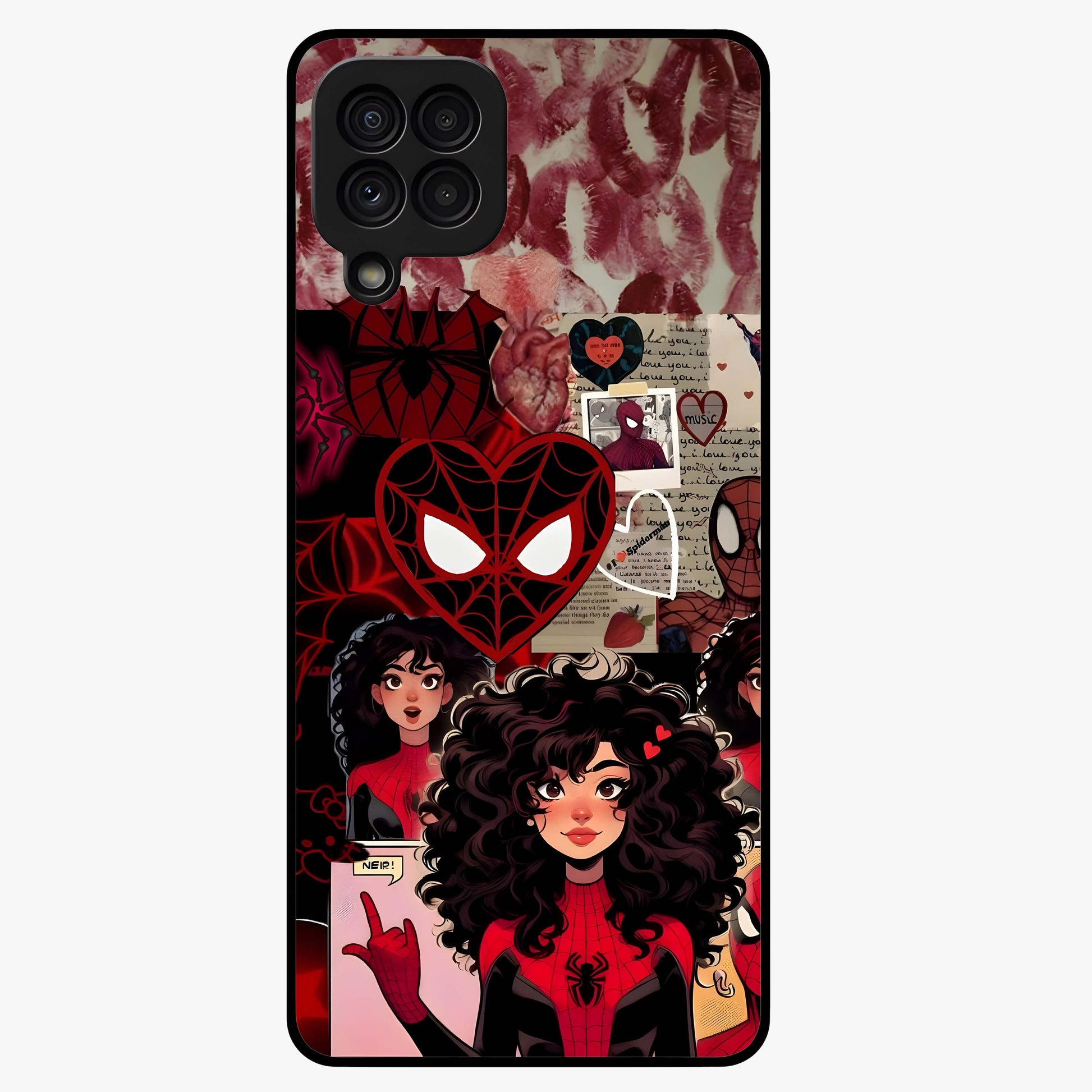Spider Love Story Glass Case showing flat back view with romantic superhero themed artwork and glossy glass finish.