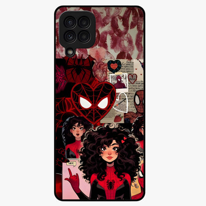 Spider Love Story Glass Case showing flat back view with romantic superhero themed artwork and glossy glass finish.