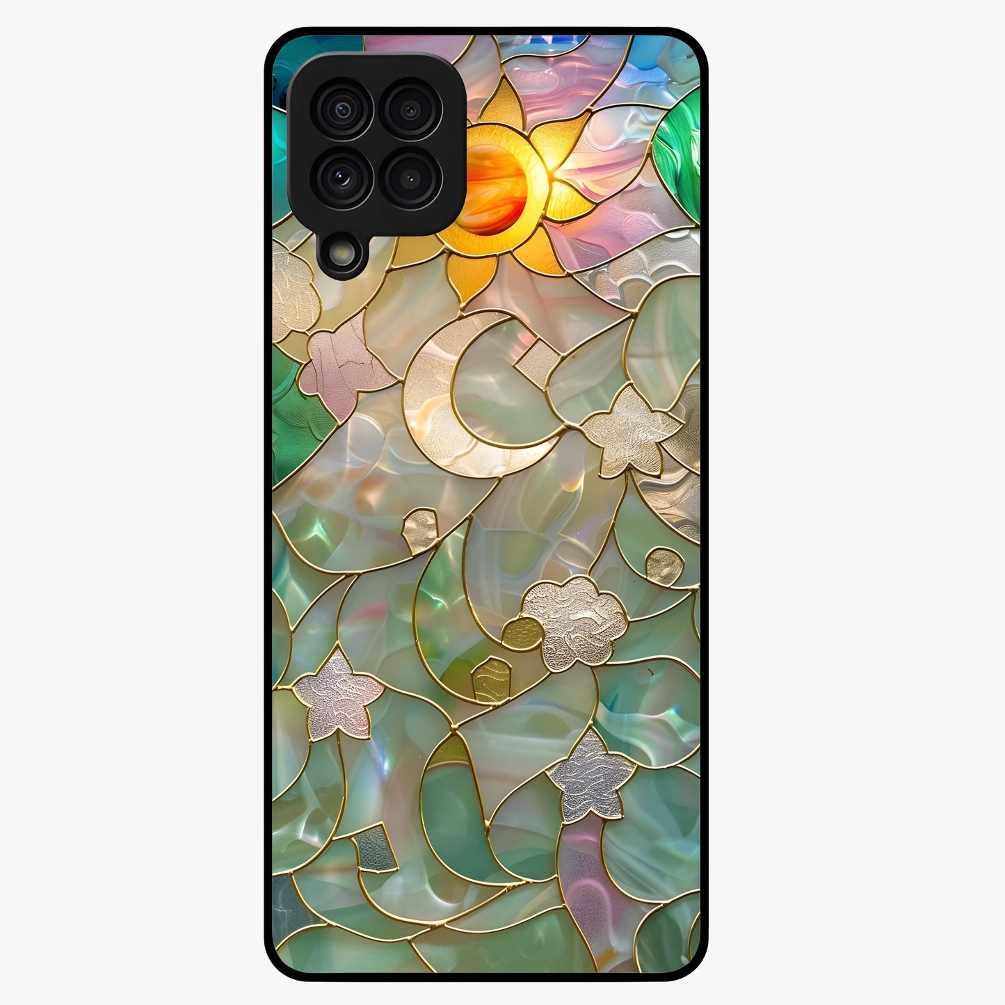Stained Sunrise Glow Glass Case showing flat back view with glowing sunrise stained pattern artwork and glossy glass finish.