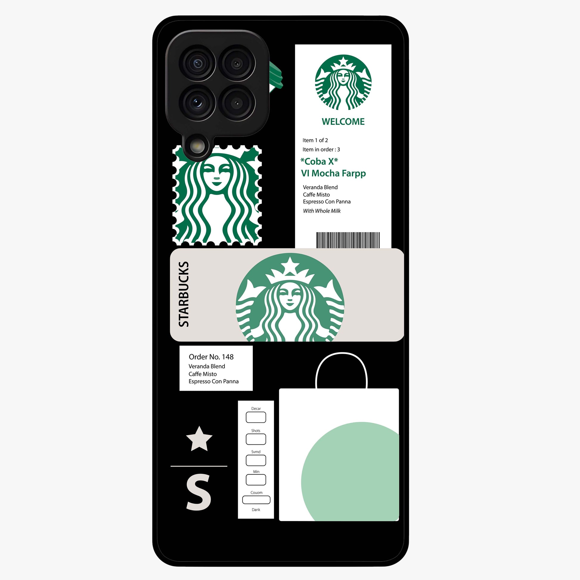 Starbucks Mocha Glass Case showing flat back view with coffee inspired artwork and glossy glass finish.