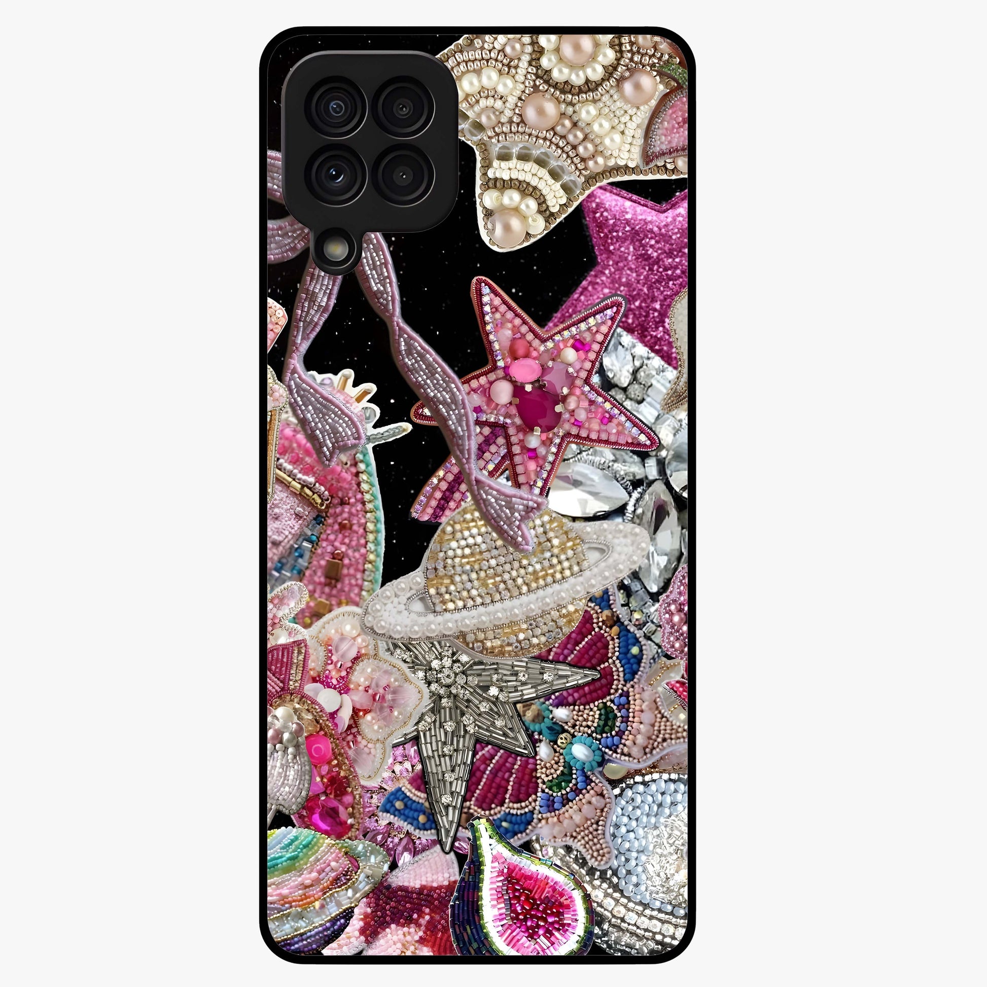 Starlit Jewel Dream Glass Case showing flat back view with sparkling jewel and star themed artwork and glossy glass finish.