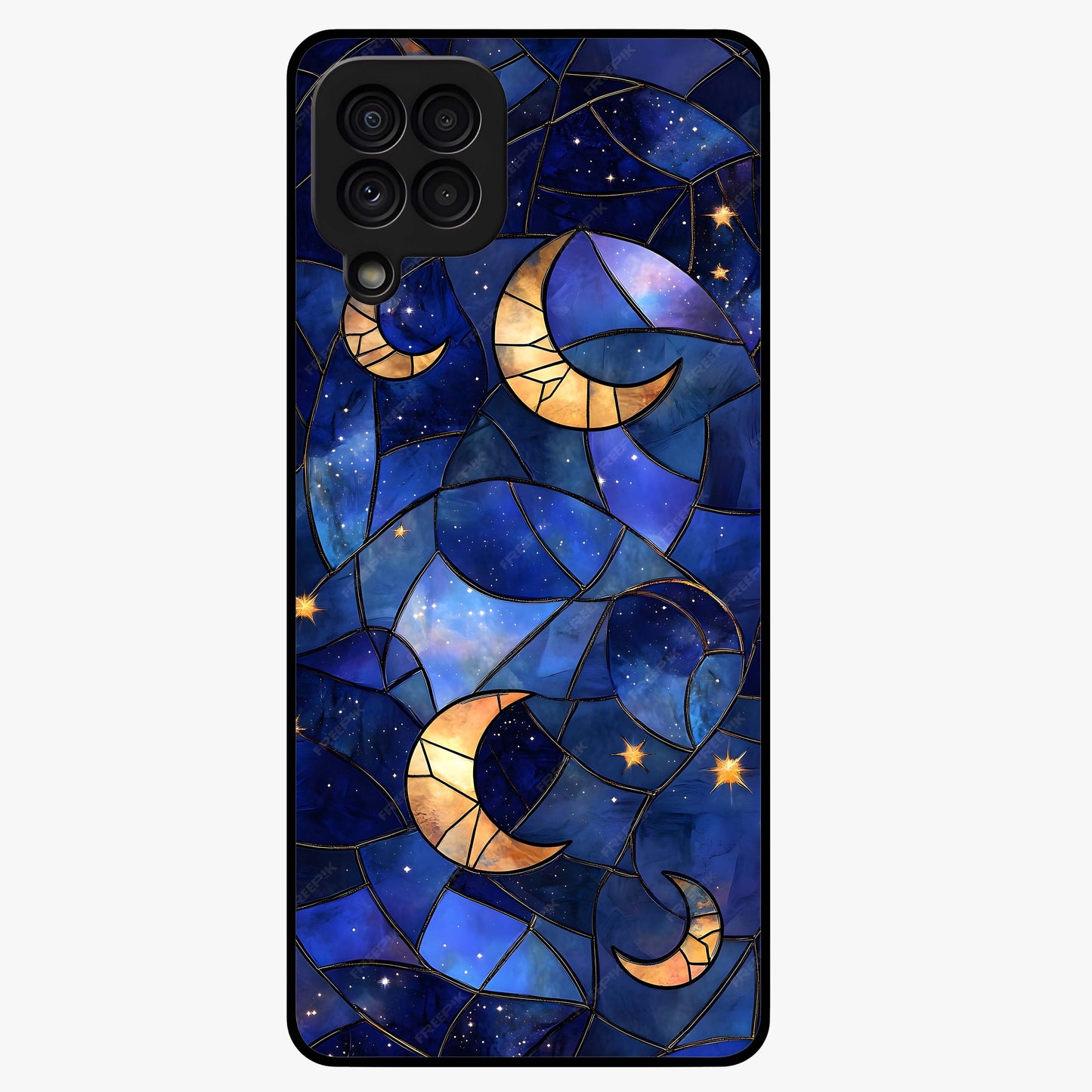 Starlit Sky Tapestry Glass Case showing flat back view with decorative starry sky tapestry artwork and glossy glass finish.