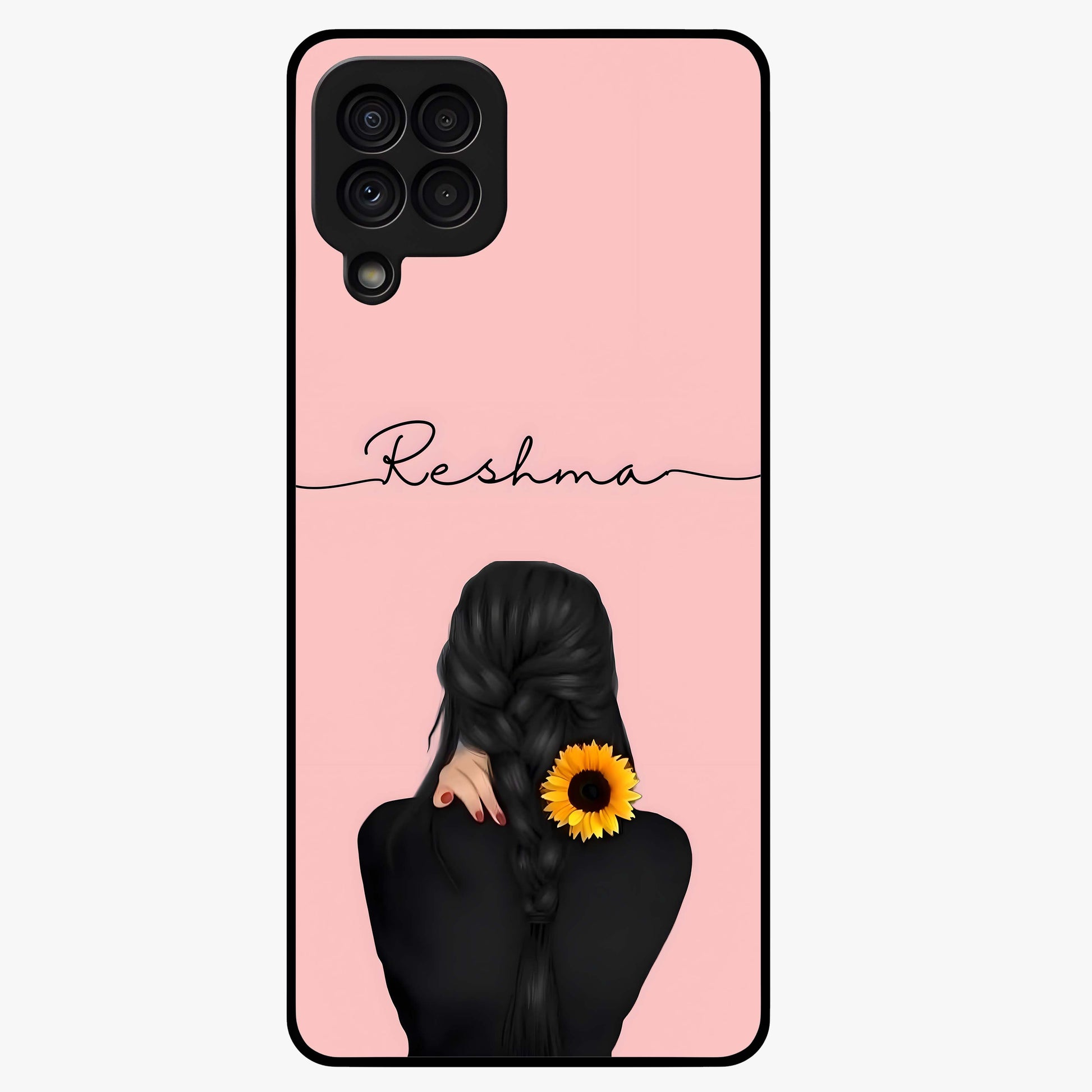 Sunflower Braid Beauty With Custom Name Glass Case showing flat back view with sunflower braid artwork and personalized name design.