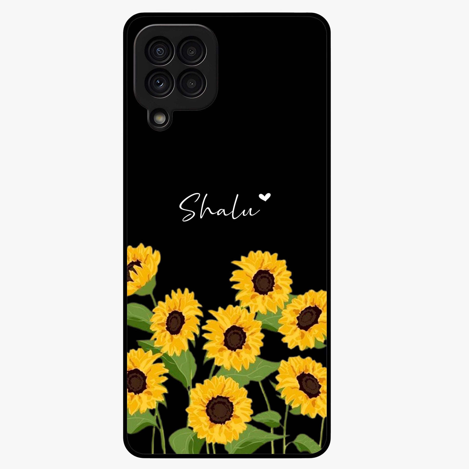 Sunflower Chic Mood Custom Name Glass Case showing flat back view with stylish sunflower artwork and personalized name design.
