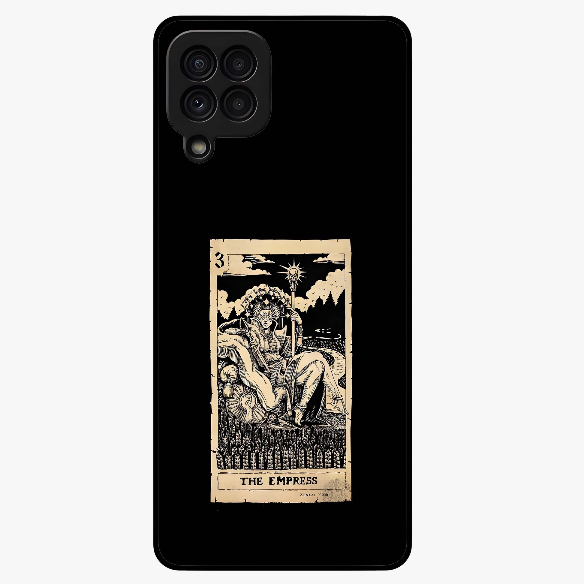 The Empress Glass Case showing flat back view with regal feminine artwork and glossy glass finish.