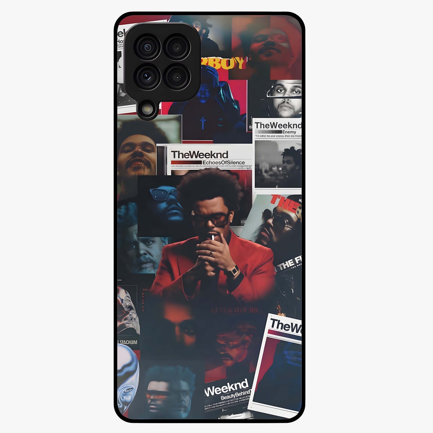 The Weeknd Glass Case showing flat back view with music inspired artistic portrait artwork and glossy glass finish.
