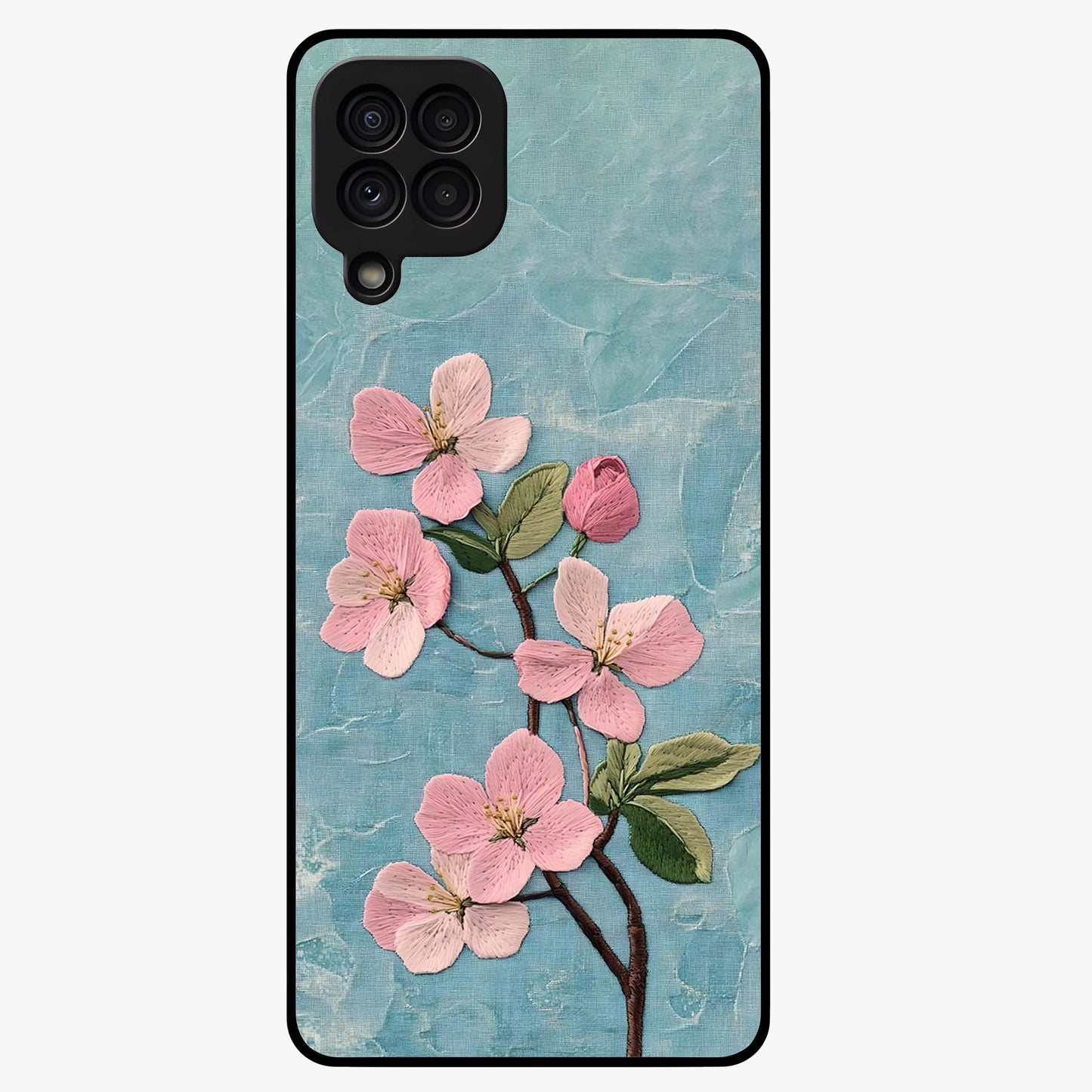 Threaded Blossom Breeze Glass Case showing flat back view with delicate blossom artwork and glossy glass finish.