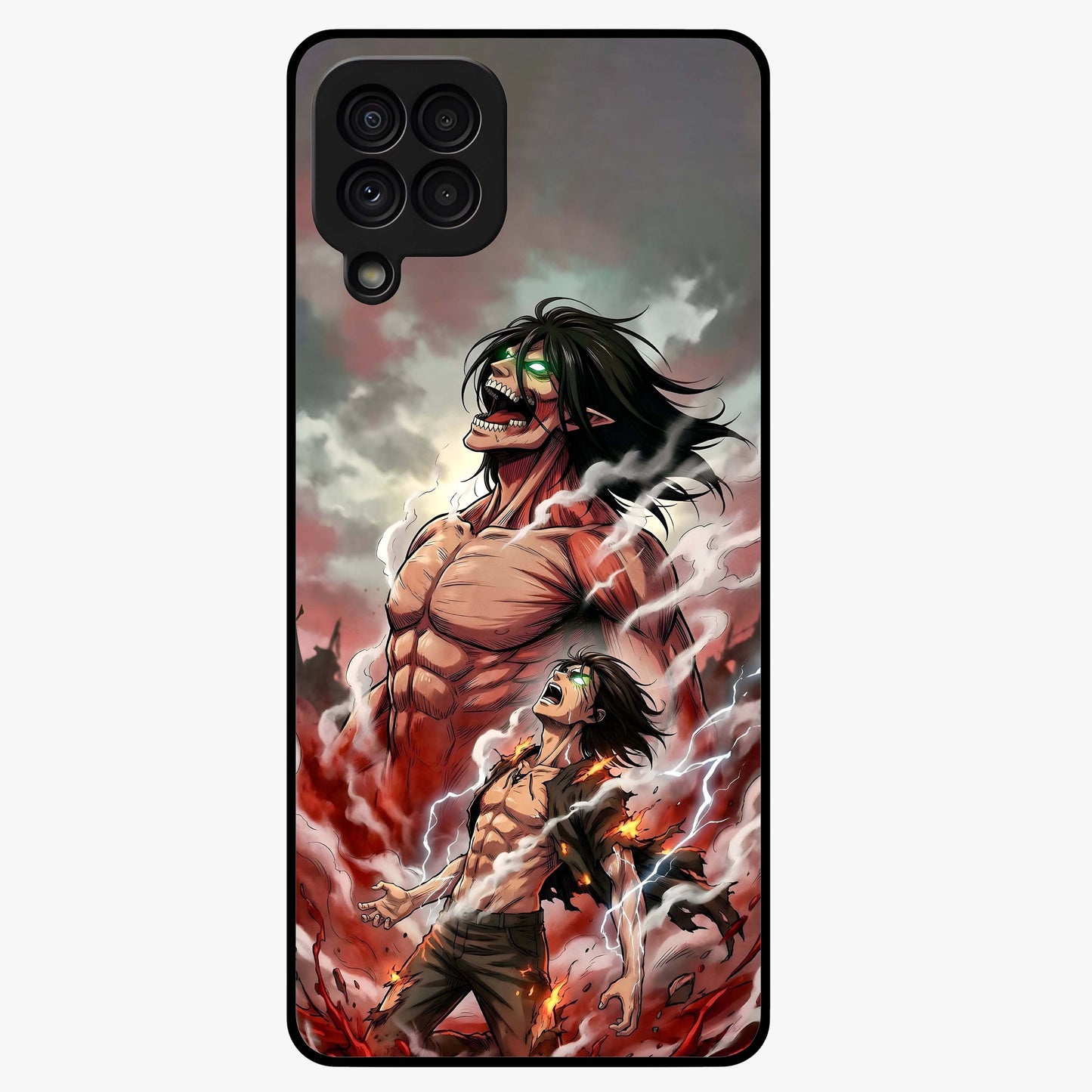 Titan Awakening Fury Glass Case showing flat back view with powerful titan inspired artwork and glossy glass finish.