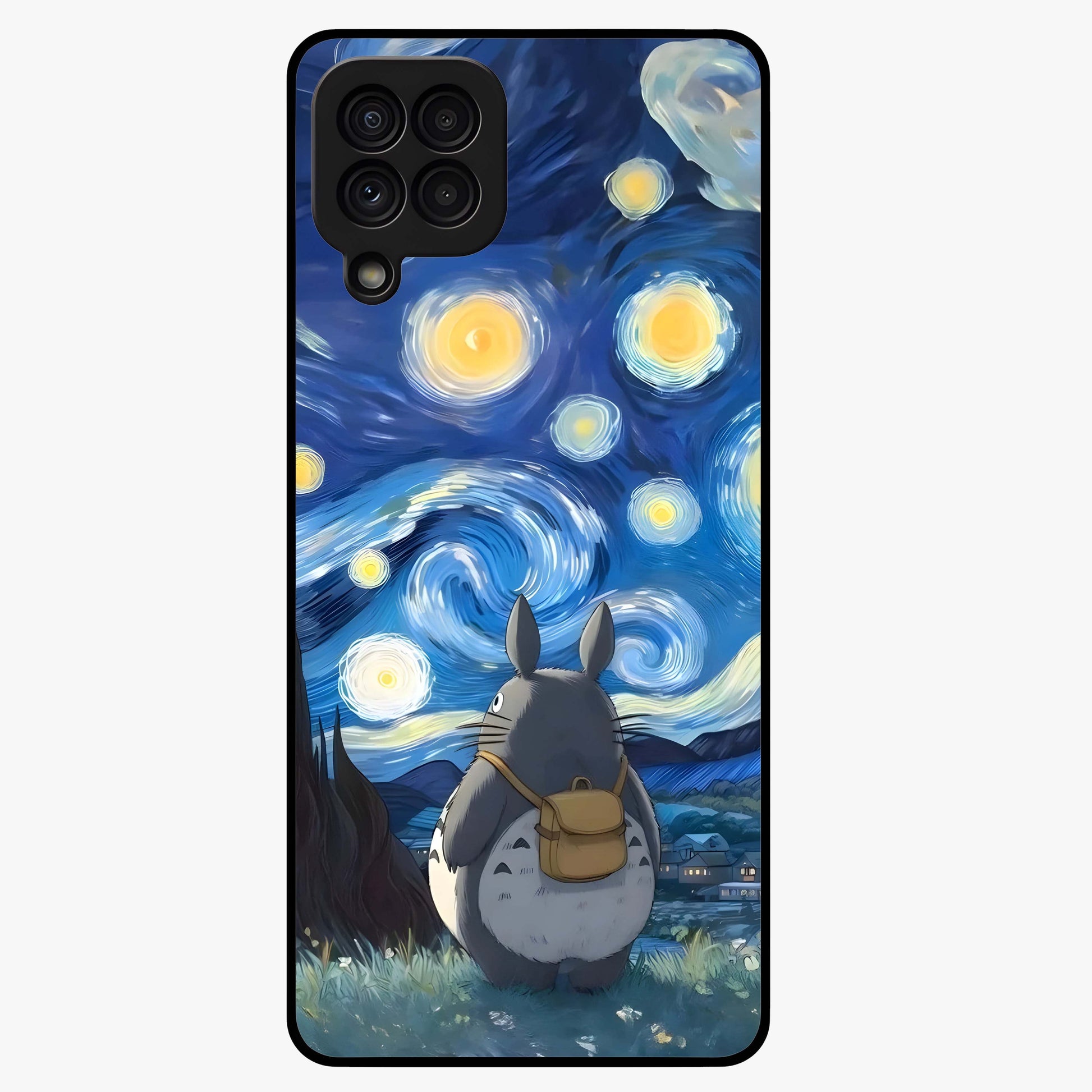 Totoro In Van Gogh Art Glass Case showing flat back view with whimsical character artwork inspired by Van Gogh style and glossy glass finish.