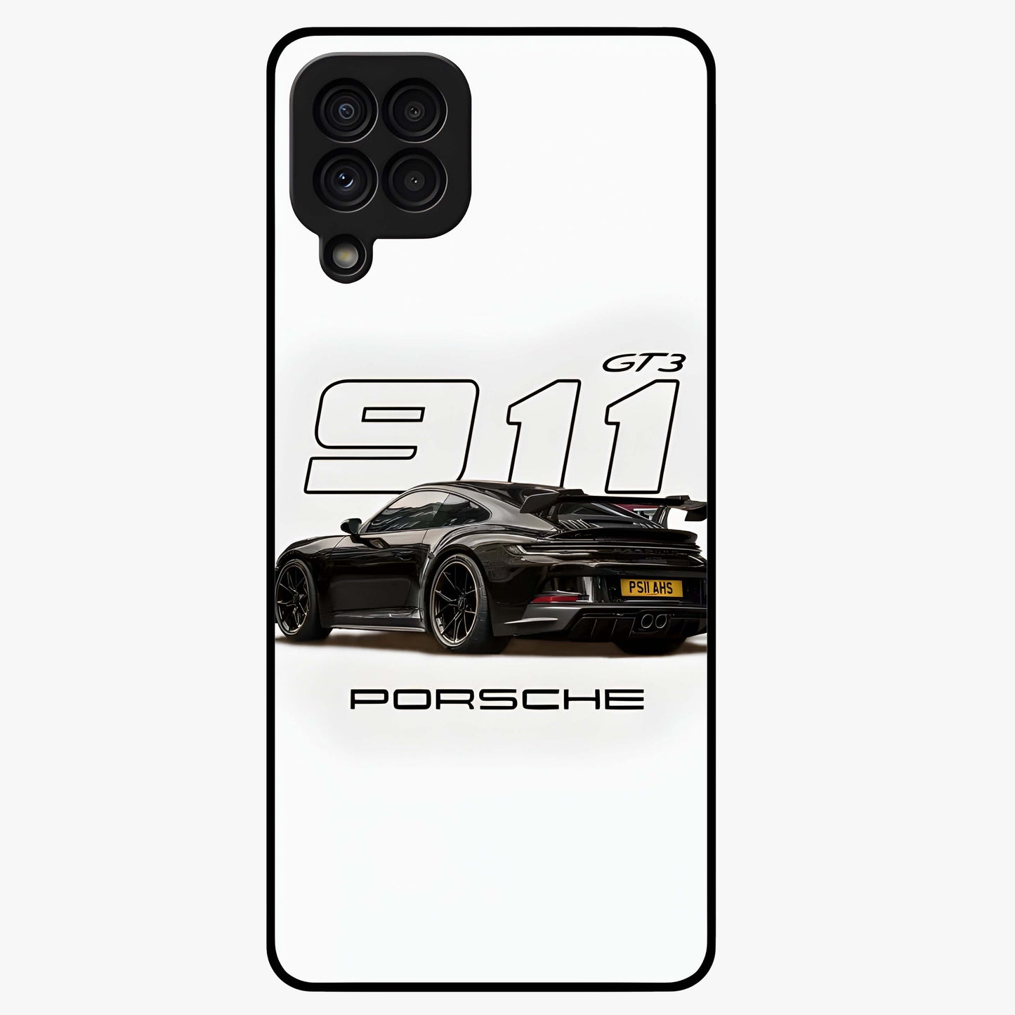 Turbo Legacy Icon Glass Case showing flat back view with iconic sports car inspired artwork and glossy glass finish.