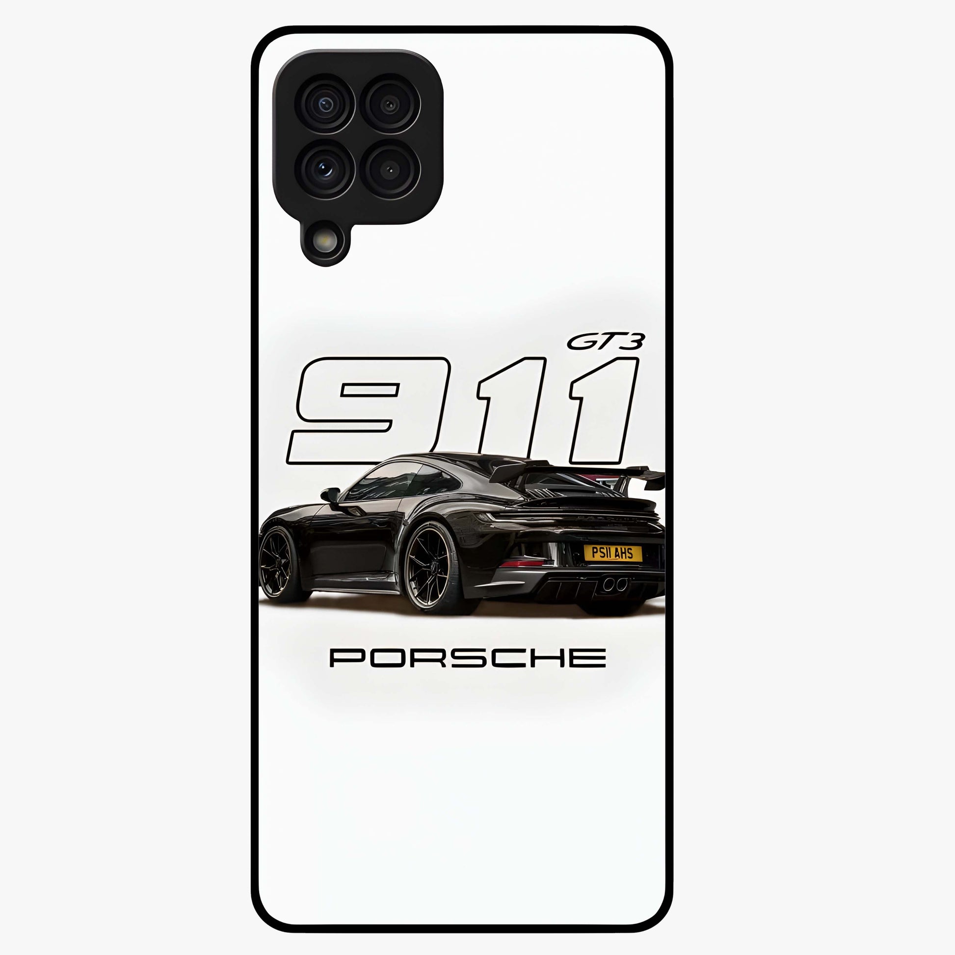 Turbo Legacy Icon Glass Case showing flat back view with iconic sports car inspired artwork and glossy glass finish.