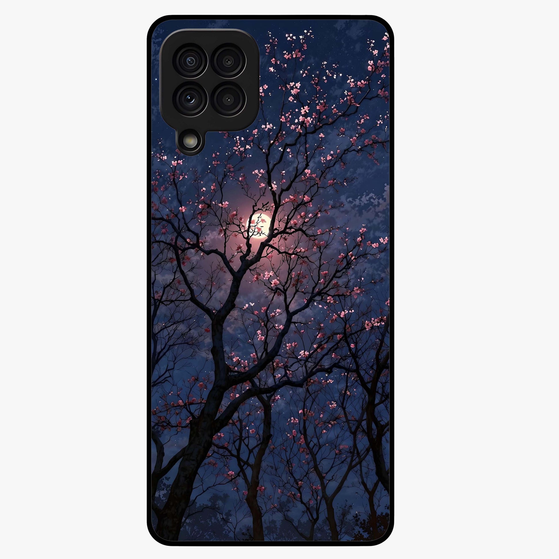 Twilight Sakura Serenade Glass Case showing flat back view with cherry blossom artwork at twilight and glossy glass finish.
