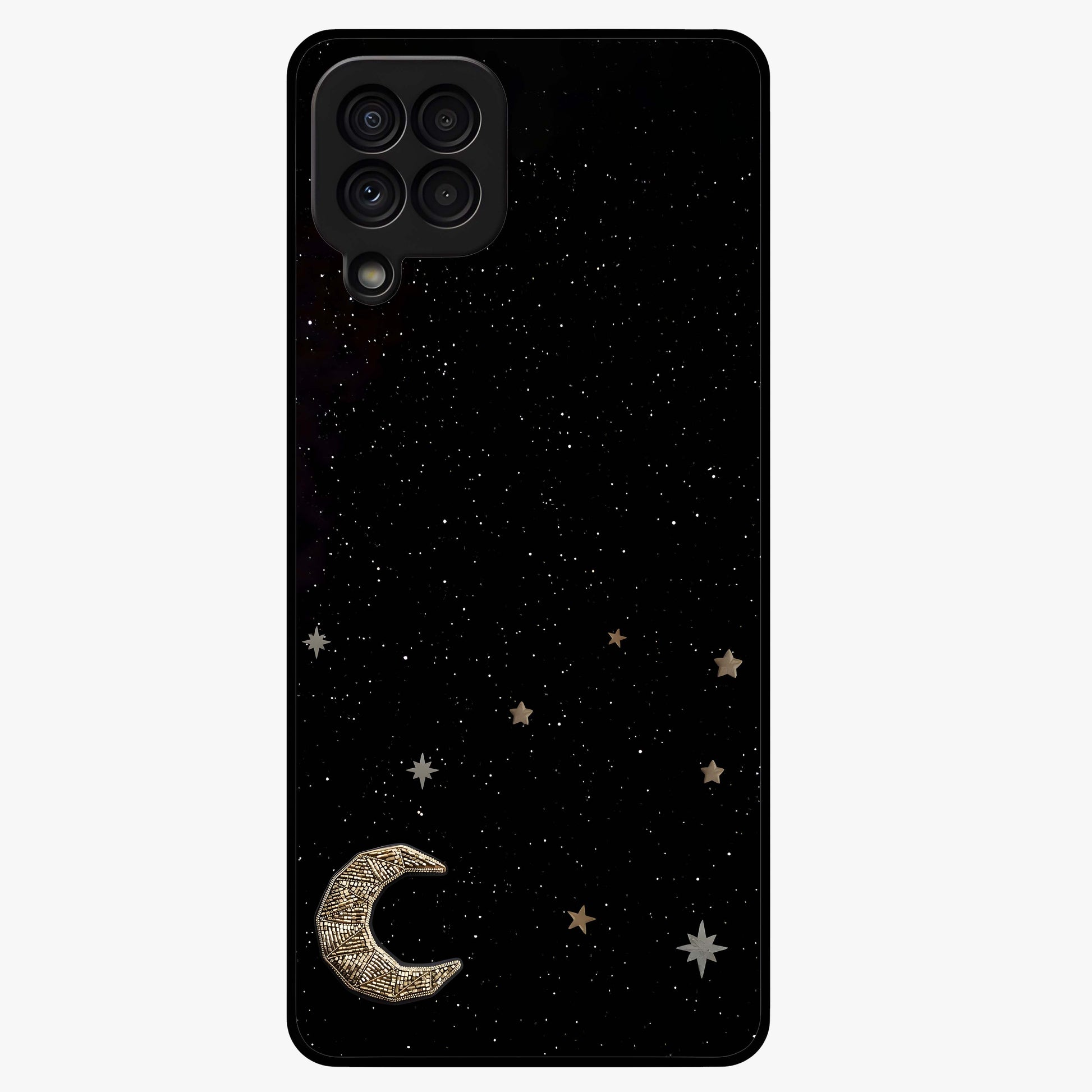 Twinkle Star With Half Moon Glass Case showing flat back view with star and half moon artwork and glossy glass finish.