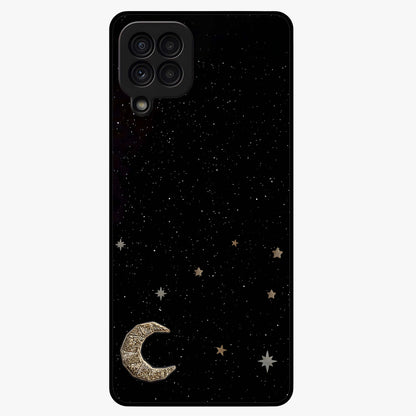 Twinkle Star With Half Moon Glass Case showing flat back view with star and half moon artwork and glossy glass finish.