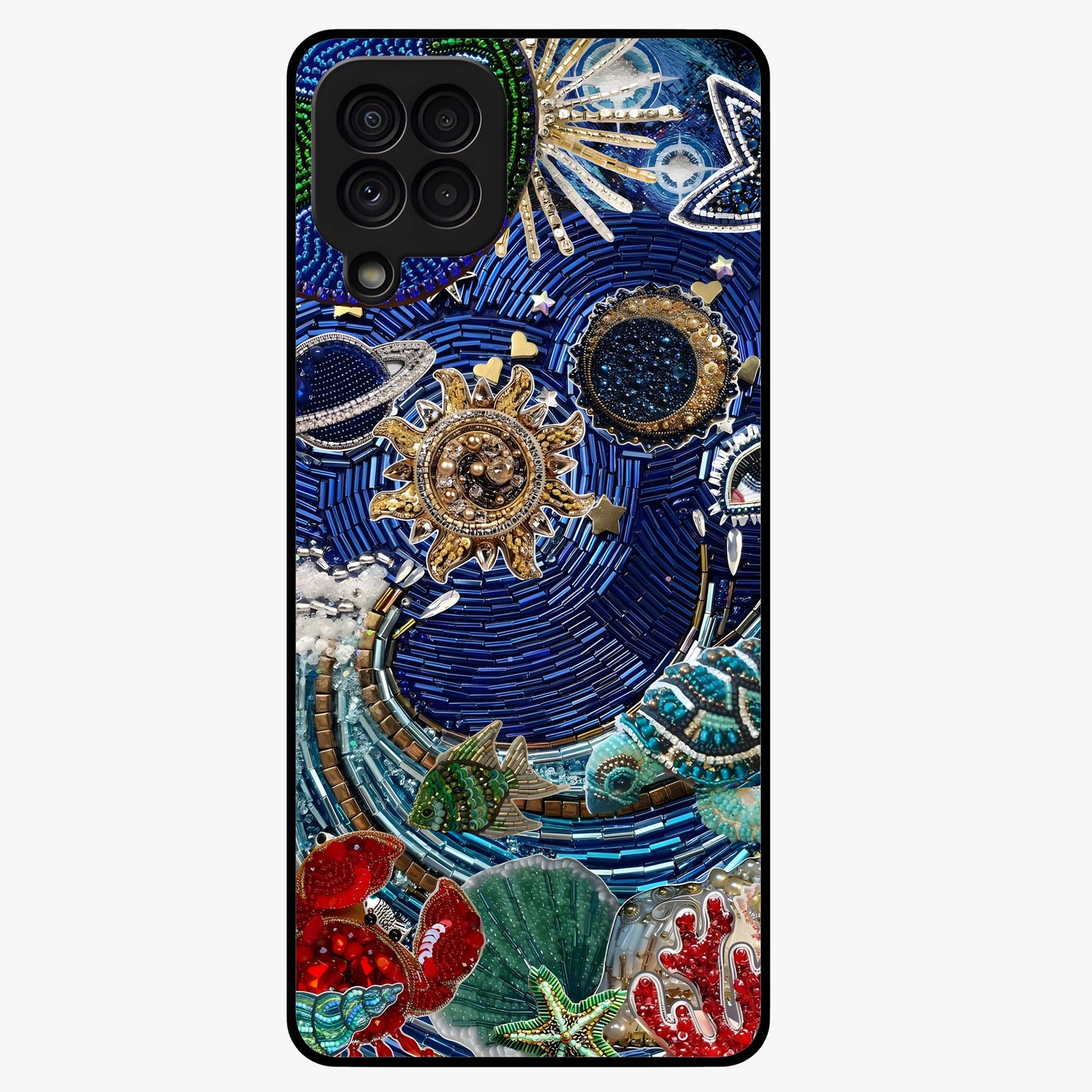 Universe Underwater Spark Glass Case showing flat back view with cosmic underwater themed artwork and glossy glass finish.