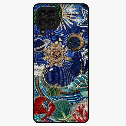 Universe Underwater Spark Glass Case showing flat back view with cosmic underwater themed artwork and glossy glass finish.