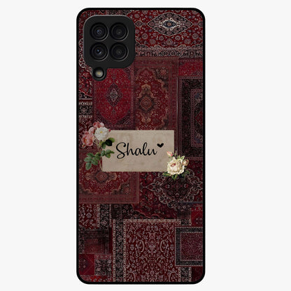 Velvet Wine Pattern Custom Name Glass Case showing flat back view with elegant wine colored pattern artwork and personalized name design.