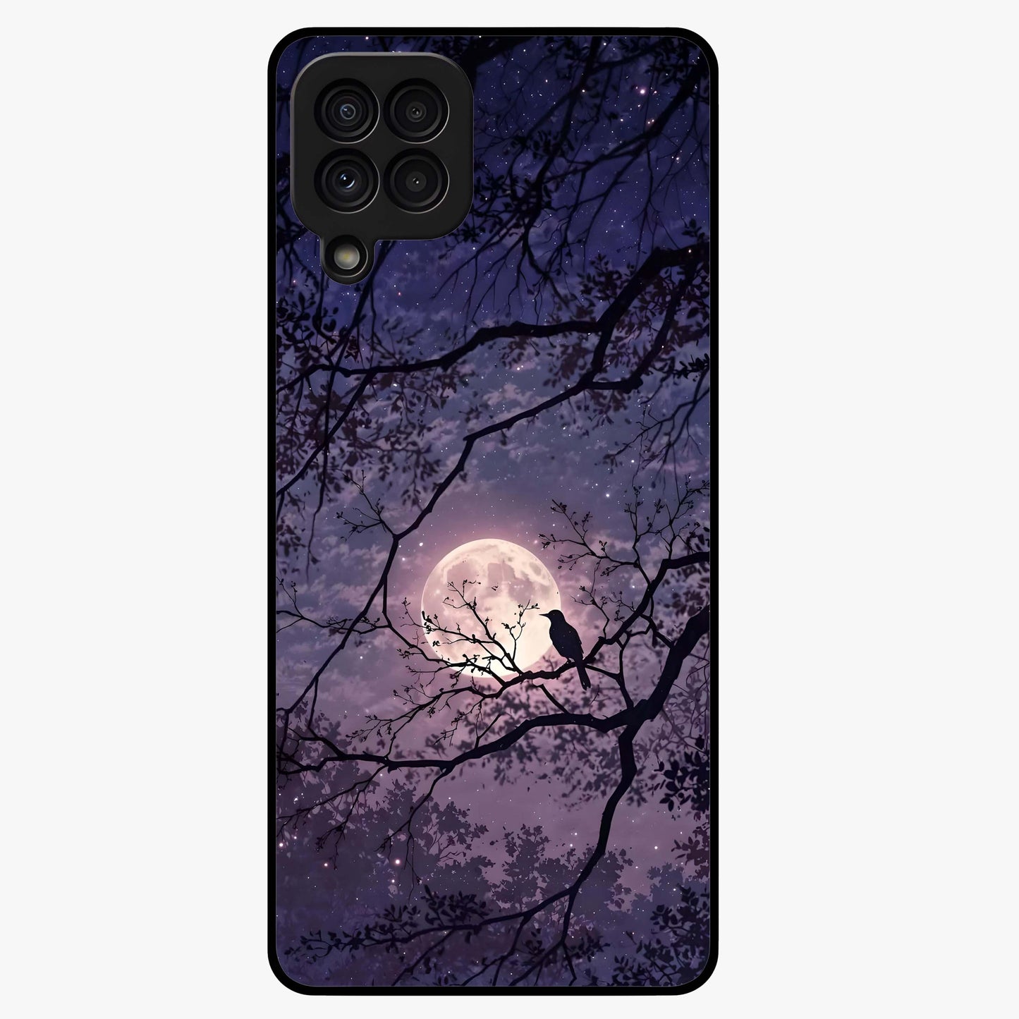 Whispering Moon Silence Glass Case showing flat back view with serene moon themed artwork and glossy glass finish.