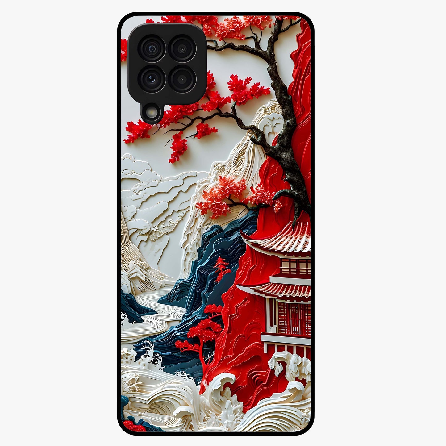 Whispers Of Sakura Waves Glass Case showing flat back view with cherry blossom wave artwork and glossy glass finish.