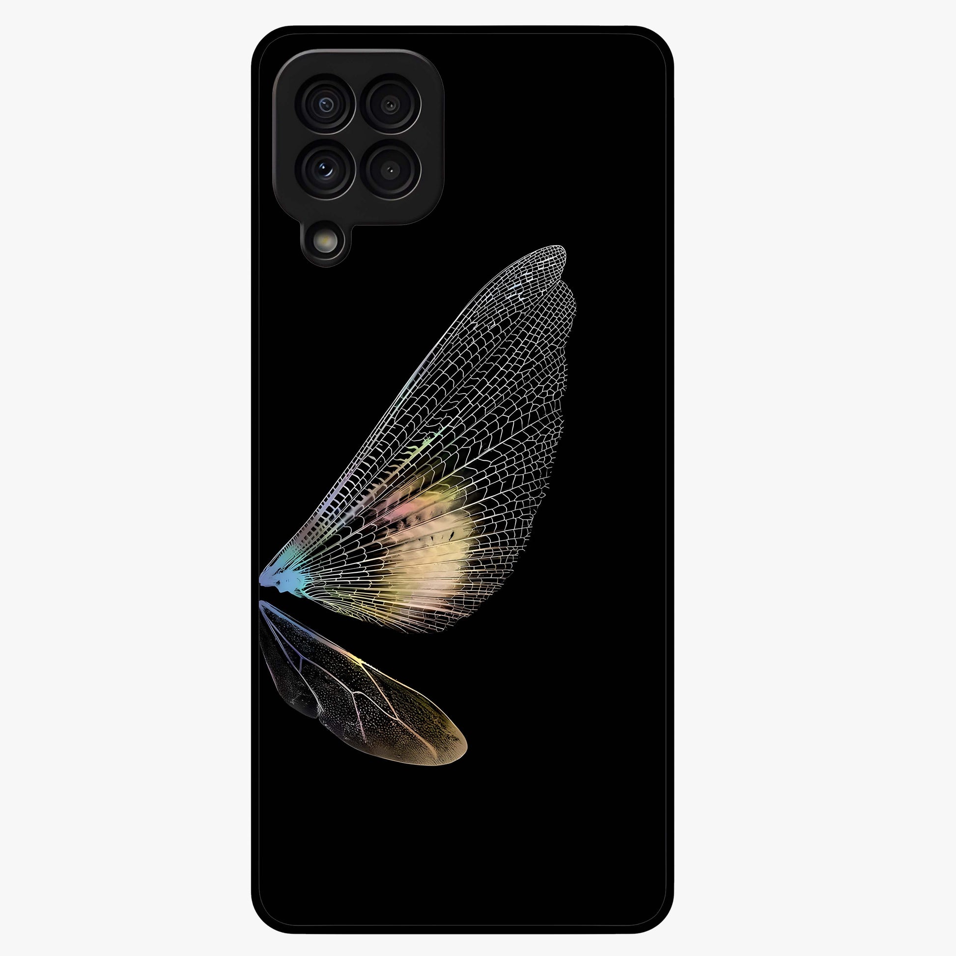 Whispers Of Wings Glass Case showing flat back view with graceful wing inspired artwork and glossy glass finish.