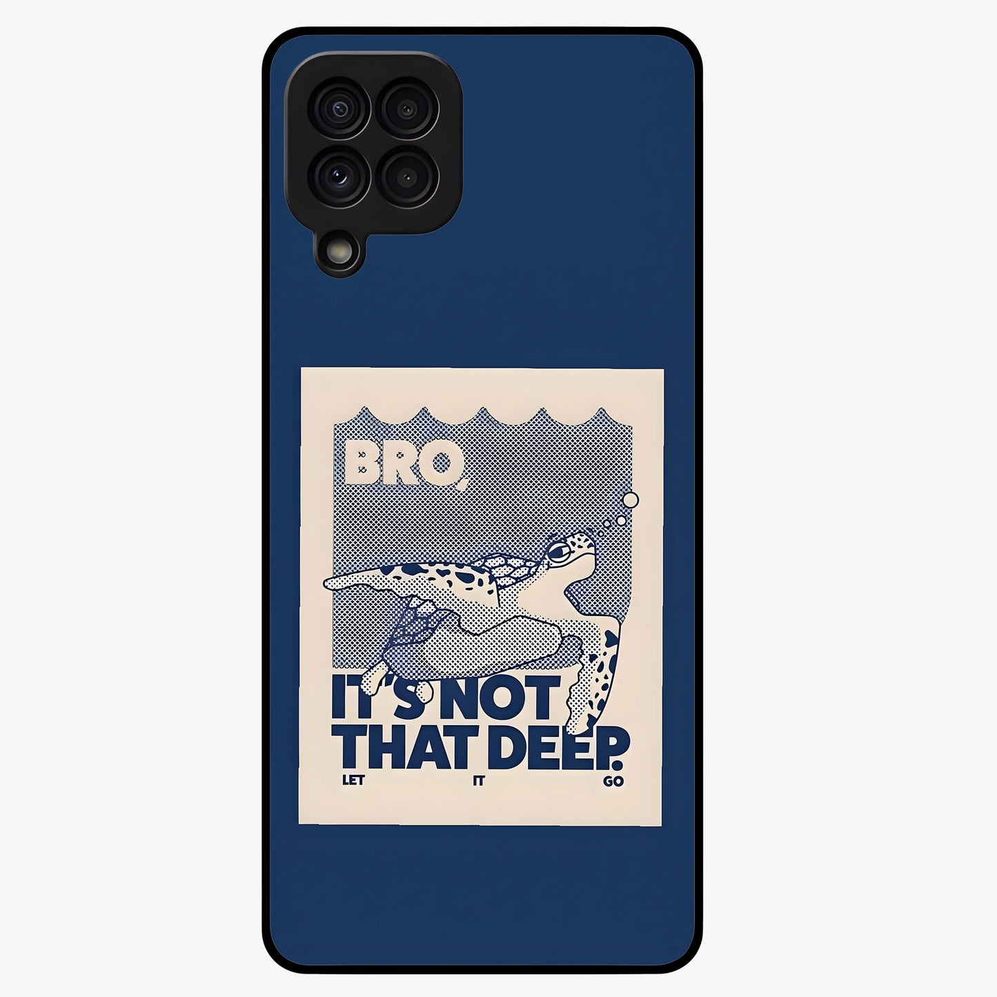 Worry Less Swim Glass Case showing flat back view with playful motivational artwork and glossy glass finish.